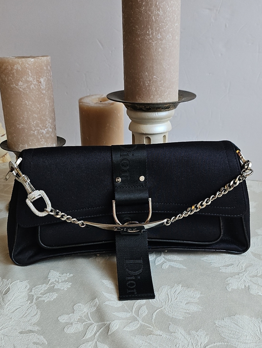 Christian Dior Vintage Black Jersey Hardcore Crystal Silver Chain Bag